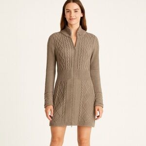 Athleta Cable Knit Full-Zip Sweater Dress – Taupe Brown Small